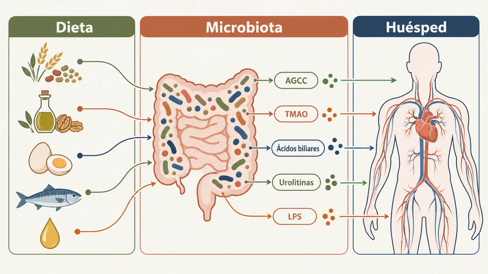 Diagrama dieta, microbiota y huésped: alimentos de la dieta mediterránea, metabolitos microbianos (AGCC, TMAO, ácidos biliares, urolitinas y LPS) y su llegada al sistema cardiovascular.