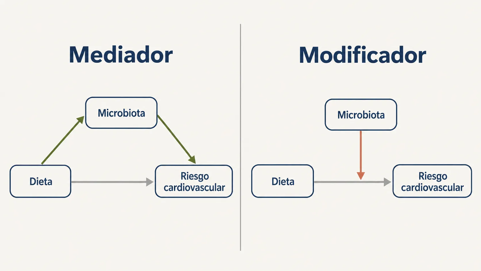 Esquema comparativo de la microbiota como mediador y como modificador del efecto de la dieta mediterránea.